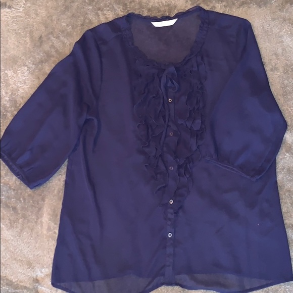 🦋 Sheer, Ruffle Navy Button Down Blouse - Picture 9 of 10